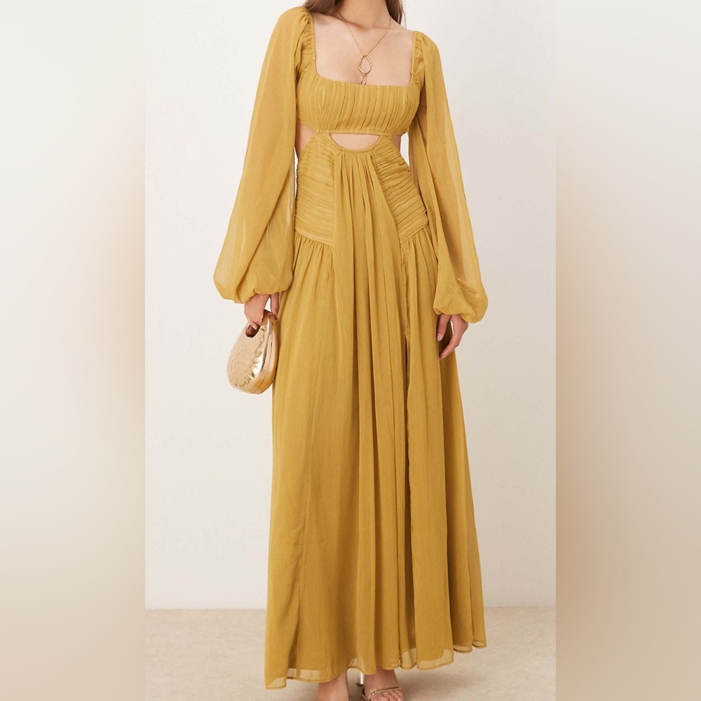 ASOS Design Long Sleeve Cut Out Maxi Dress with Ruched Skirt in Olive Green
